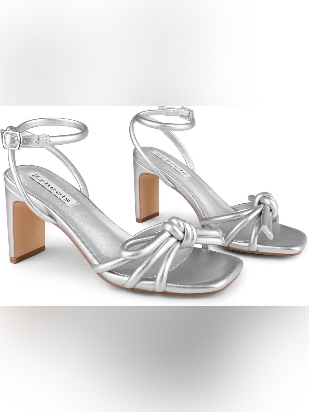 🔥Zzheels Silver Knotted Strappy Block Heel Sandals - Women❣️ Metallic Silver